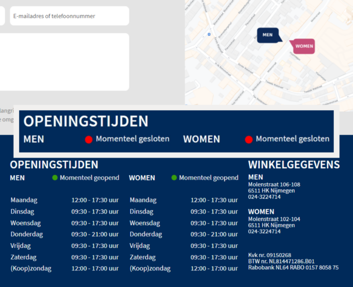 Image shows a screenshot of Hoogenboom webshop where red light indicators signal that physical Hoogenboom stores are closed and green light indicators indicate that physical stores are open.