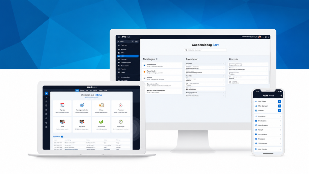 AFAS Software drie schermen tablet, desktop en mobiel. Artikel over Magento AFAS koppeling.